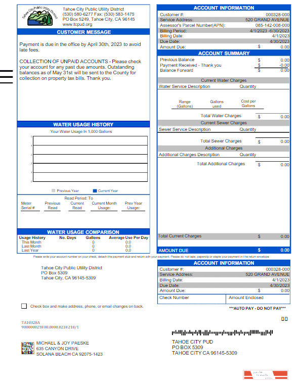 USA TAHOE CITY PUBLIC UTILITY utility bill Word and PDF template